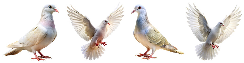 Set of A graceful white dove captured in flight and perched, symbolizing peace and purity. Ideal for nature, wildlife, and symbolic photography on transparent background