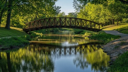 Fototapeta premium metal lattice bridge spanning a calm river, reflecting the grid pattern on the waterâ€™s surface