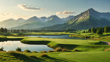 Fototapeta premium Parcours de golf au pied des montagnes majestueuses