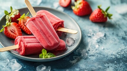 Homemade strawberry ice cream or popsicles served on a plate featuring frozen fruit juice with a selective focus on the vibrant colors