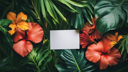 Tropical foliage with vibrant hibiscus flowers and blank card