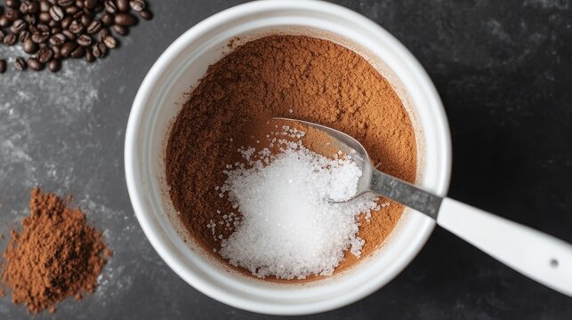 Measuring sugar and instant coffee powder with a tablespoon into a white bowl preparing for Dalgona coffee foam with an overhead close up of the sugar and coffee mixture