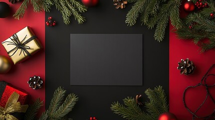 Holiday frame with gifts and decorations on red background