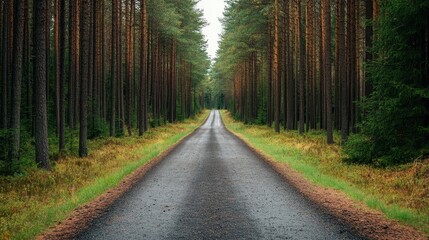 Fototapeta premium A serene forest road lined with tall trees, inviting exploration and tranquility in a natural landscape.