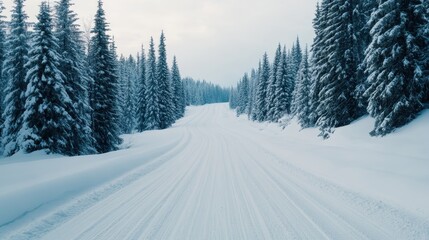 Obraz premium A serene winter landscape featuring a snow-covered road flanked by tall, frosted pine trees under a cloudy sky.