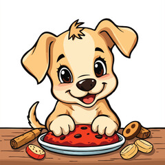 A cute puppy looking towards food