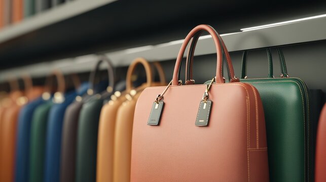 A collection of stylish leather bags displayed on a shelf, showcasing vibrant colors and elegant designs for modern professionals.