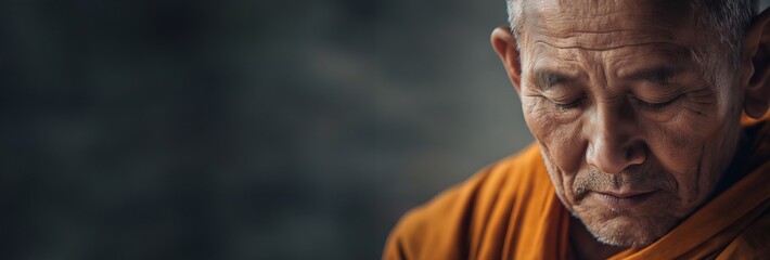 A portrait of a Buddhist monk dressed in ceremonial attire, detailed craftsmanship and a respectful demeanor. The soft background with copy space, the asian monk's spiritual presence the significance