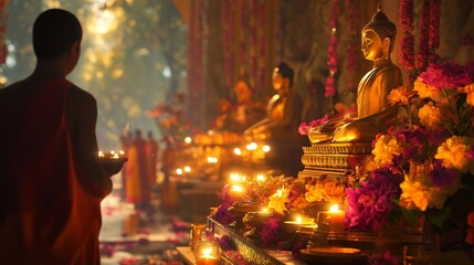 Fototapeta premium People offering flowers and candles at a Buddhist altar, surrounded by vibrant colors in a sacred space. The peaceful, spiritual atmosphere, reflecting devotion, prayer, a deep sense of serenity