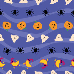 Halloween seamless pattern on purple striped background