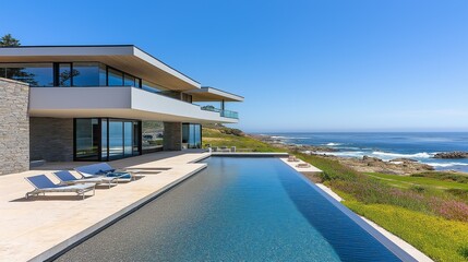 Fototapeta premium Modern house with infinity pool overlooking ocean.