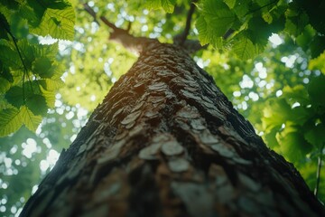Fototapeta premium A Low Angle View of a Tree Trunk with Green Foliage