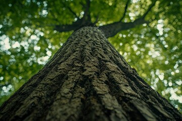 Fototapeta premium A Low Angle View of a Tree Trunk with Green Foliage Blurred in the Background