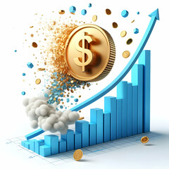 3D Flying Dollar Coin Bar Graph Growth Concept Wealth Economic Rise Isolated White Background Financial Reports Presentations Icon Symbol