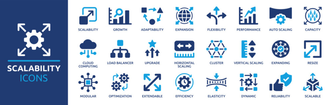 Scalability icon set. Containing growth, expansion, performance, capacity, adaptability, scalable resize and efficiency. Solid vector icons collection.
