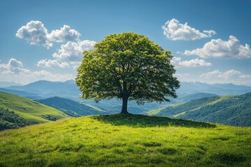 Solitary Tree on a Grassy Hilltop with Mountain Views
