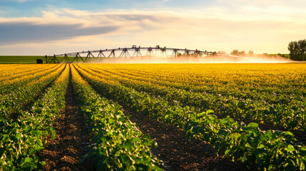 Golden Crop Field with Central Pivot Irrigation System in Alberta Agricultural Landscape