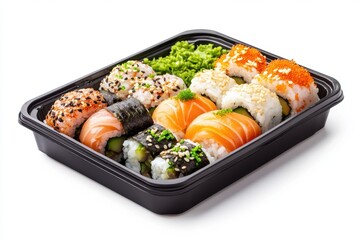 Delicious bento box featuring sushi rolls, rice, and pickled vegetables, perfect for a fresh and vibrant meal.