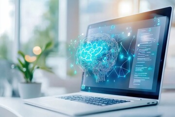 Fototapeta premium A futuristic laptop displaying artificial intelligence concepts with digital brain graphics and code, symbolizing tech innovation.
