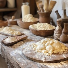 Fototapeta premium Dough and products on table