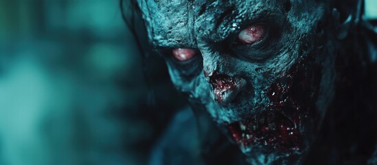 Zombie close-up, grotesque features, blood, and decay