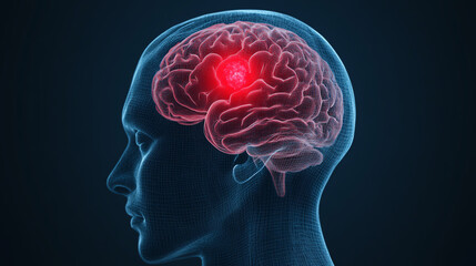 Fototapeta premium A detailed digital illustration of a human brain, highlighting different regions within a vivid and dynamic representation against a dark background.