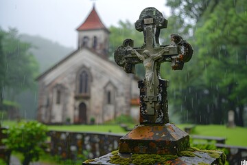 Fototapeta premium A cross in front of a church in the rain