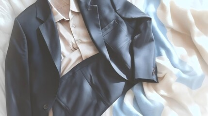 Minimalist photograph of precisely folded black trousers or pants resting on a clean white surface showcasing the crisp and tailored nature of the apparel