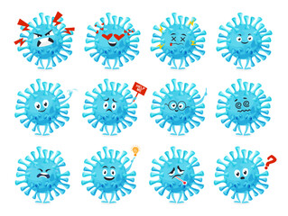 A colorful representation of various coronavirus characters expressing different emotions and reactions in a whimsical cartoon style