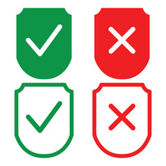 Shield icon with tick and cross mark. green red protected and unprotected symbol for app, ui, website. vector illustration on transparent background in eps 10.