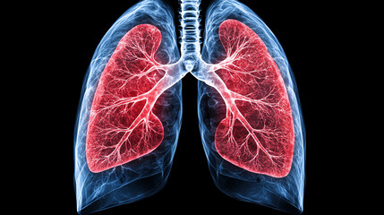 Detailed anatomical illustration of human lungs with intricate vascular structures, highlighted against a black background.