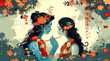 Fototapeta premium Divine love story of Hindu gods Radha and Krishna through a contemporary art 