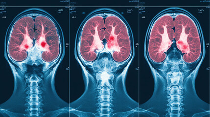 Detailed MRI brain scans showing cross-sectional views of brain structures and anomalies, highlighting important anatomical features in vibrant colors.