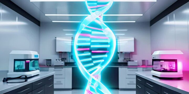 A glowing DNA helix in a modern laboratory. - Powered by Adobe