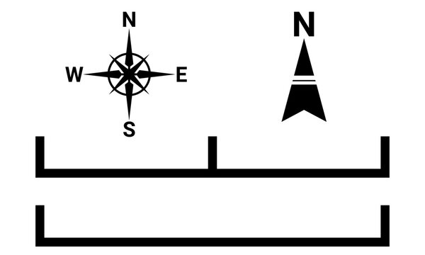 Black north symbols and scale bar . Map symbols