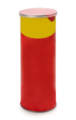 Fototapeta premium Mockup Potato chips cans on white background, Potato chips snack in orange bottle packaging isolate on white with clipping path. 