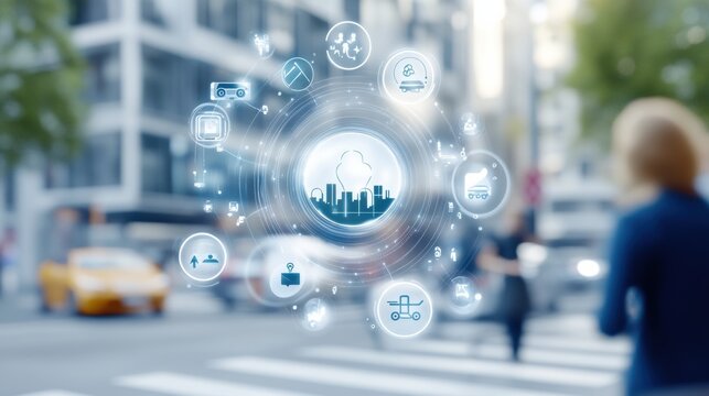 A modern urban scene featuring digital icons representing smart city concepts, connectivity, and technology in a bustling city backdrop.