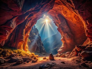 Dark Cave with Bright Exit - Nature's Contrast in Wild Red Mountain Cavern