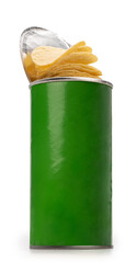 Mockup Potato chips cans on white background, Potato chips snack in green bottle packaging isolate...
