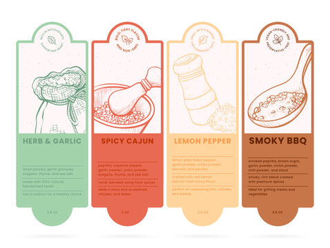 Seasoning blend labels showcasing herb and garlic, spicy Cajun, lemon pepper, and smoky BBQ flavors for meal enhancement