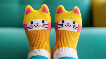 Colorful cat-themed socks with playful designs, featuring smiling faces and ear shapes, perfect for adding fun to your footwear.