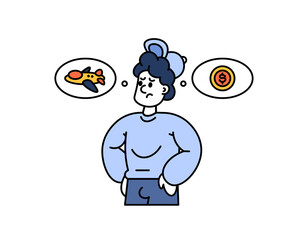 illustration of man thinking about travel cost. confused about the cost of flying. transportation cost problem for traveling. outline style character design. element