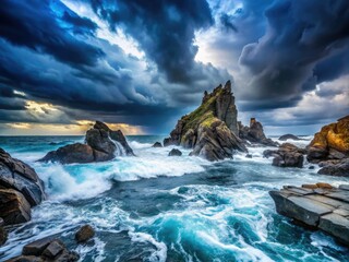Fototapeta premium Dark Rocks and Blue Ocean Under Cloudy Sky - Dramatic Coastal Landscape Photography