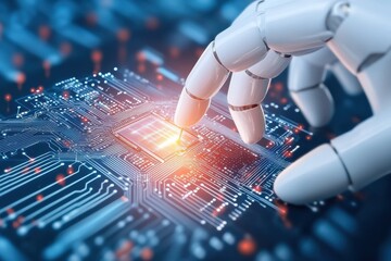 A robotic hand interacts with a glowing circuit board, showcasing the blend of technology and artificial intelligence.