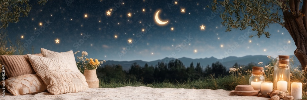 Wall mural a blanket is spread out on the grass with a tree in the background. there are candles and lanterns l
