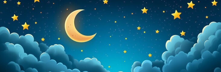 Naklejka premium A starry sky with a large crescent moon. The moon is in the middle of the sky and surrounded by stars