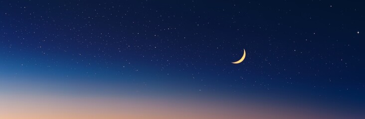 A crescent moon is in the sky. There are many stars in the sky. The sky is dark blue
