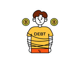 illustration of a man whose body is entangled by rope. trapped in debt. sad and confused to pay off debt. financial problems. facial expression. outline style character design. elements