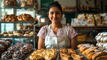Proud Indian Woman Displaying Delicious Baked Treats in Her Cozy Bakery..