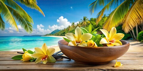 Obraz premium Delicate vanilla flowers arranged in a clay bowl sit gracefully against a serene tropical beach backdrop, merging natural beauty with the peaceful ambiance of a coastal paradise.